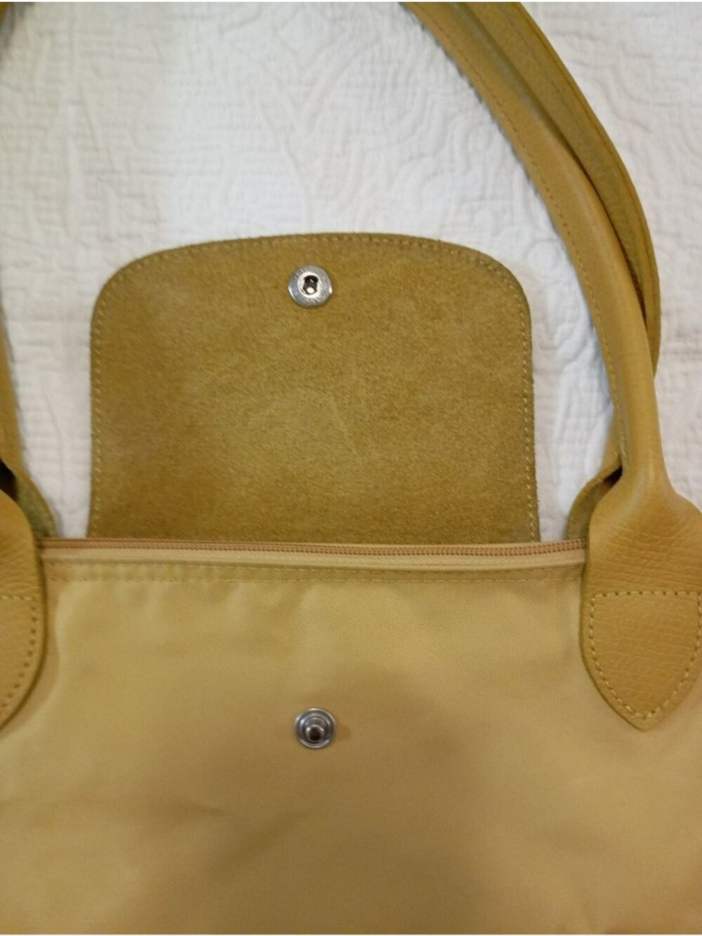 Longchamp Le Pliage Large Yellow Nylon Tote With Leather Handles & Snap Closure - Picture 5 of 14